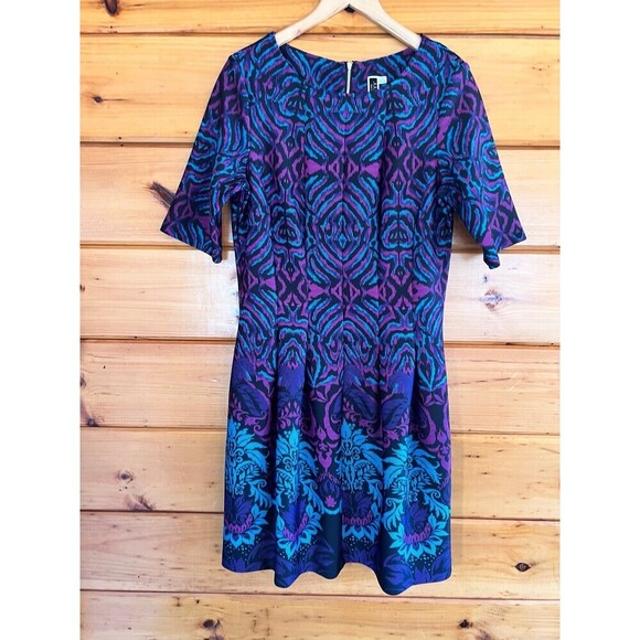 Julian Taylor Pleated Fit And Flare A-line Dress Blue Purple Black Size 12 - Picture 1 of 5
